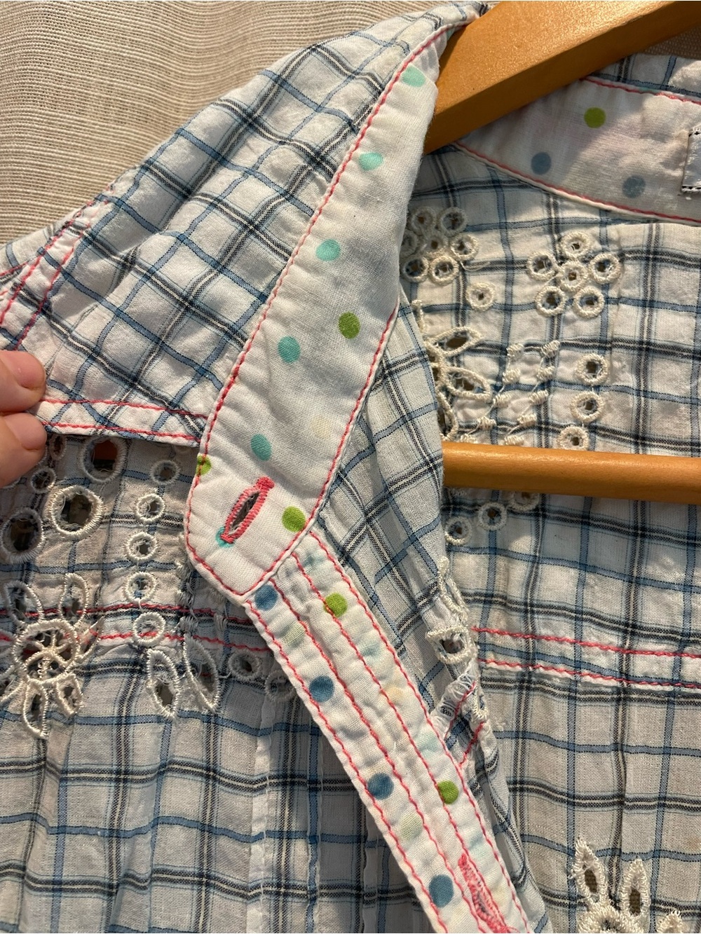 3 J Workshop Johnny Was Light Blue Plaid Eyelet-Accent Button Down Shirt - Picture 6 of 10